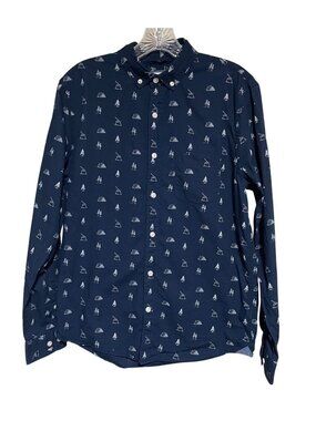 Express Navy Blue Button Down Shirt Mens S Pine Tree Cabin Gorpcore AOP